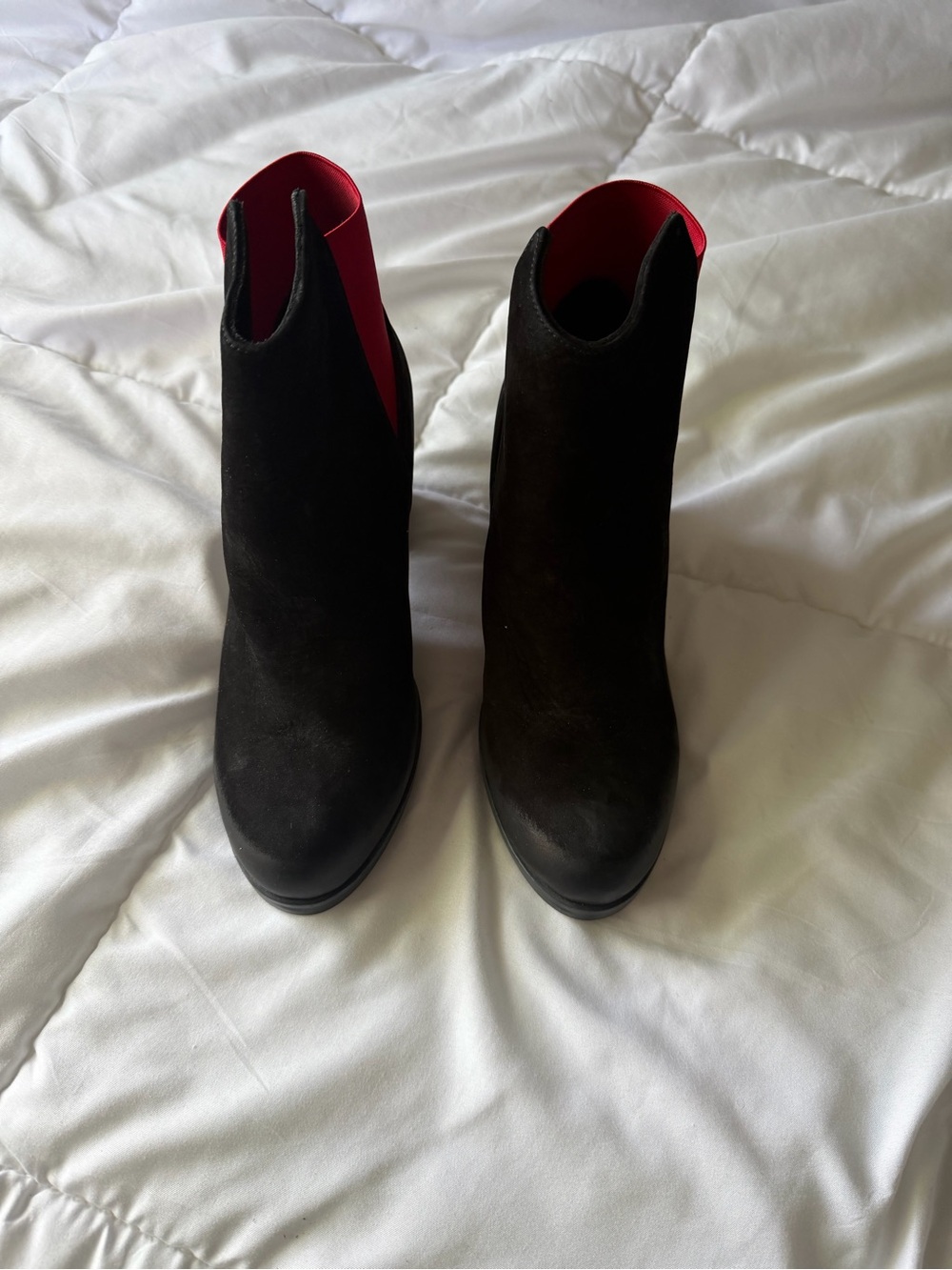 Bueno Black Suede Ankle Booties with Red Interior Trim